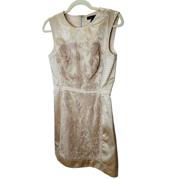 BCBGMAXAZRIA Tan Satin & Floral Lace Round Neck Mini Dress 6 - Picture 1 of 13